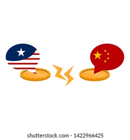 Bubble chat with flags of United States and China on a golden coins. Trade war concept - Vector