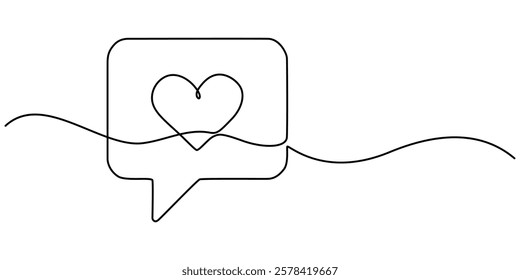 bubble chat with a heart continuous one line drawing, Continuous line speech bubbles drawing.Simple one line bubble chat with a heart .Talk bubbles one line drawing.Speech clouds with a like concept.