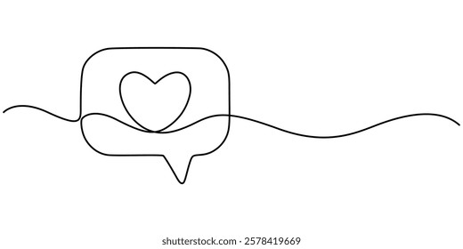 bubble chat with a heart continuous one line drawing, Continuous line speech bubbles drawing.Simple one line bubble chat with a heart .Talk bubbles one line drawing.Speech clouds with a like concept.