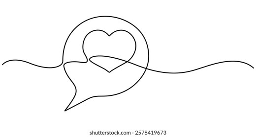 bubble chat with a heart continuous one line drawing, Continuous line speech bubbles drawing.Simple one line bubble chat with a heart .Talk bubbles one line drawing.Speech clouds with a like concept.