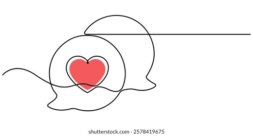 bubble chat with a heart continuous one line drawing, Continuous line speech bubbles drawing.Simple one line bubble chat with a heart .Talk bubbles one line drawing.Speech clouds with a like concept.