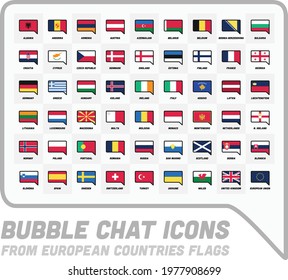 Bubble chat minimalist icons from European Countries Flags. Speech bubbles Europe collection. Collection of flat colors pins for languages. 