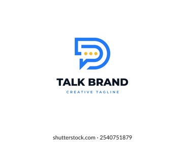 Chat de burbujas sobre el concepto de diseño de logotipo de letra D. Letra inicial D con diseño de logotipo de icono de chat. Símbolo de icono de chat para identidad empresarial Corporativa. Ilustración del logotipo del Vector del alfabeto