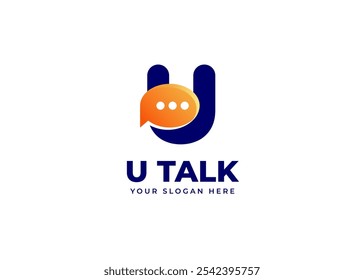 Bubble Chat on Letter U Logo Inspiration. Creative Initial Letter U with Chat Bubble Icon Logo Design. Chat Icon Symbol for Corporate Business Identity. Alphabet Vector Logo Illustration