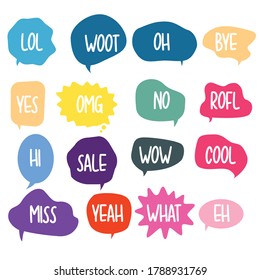 Bubble chat with phrases. Colorful speech bubbles with dialog words. Chat cloud online used for sticker, flyer, poster information. Vector illustration 