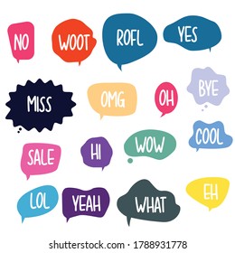 Bubble chat with phrases. Colorful speech bubbles with dialog words. Chat cloud online used for sticker, flyer, poster information. Vector illustration 