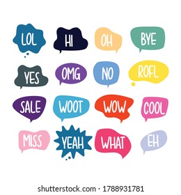 Charla de burbujas con frases. El discurso colorido burbuja con las palabras de diálogo. Cloud de chat en línea usado para pegatinas, volantes, información de afiches. Ilustración del vector 