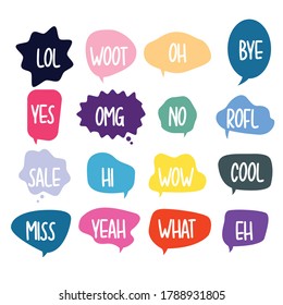 Bubble chat with phrases. Colorful speech bubbles with dialog words. Chat cloud online used for sticker, flyer, poster information. Vector illustration 