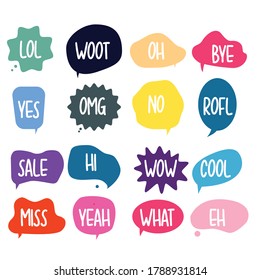 Bubble chat mit Phrasen. Farbige Sprechblasen mit Dialogwörtern. Chat Cloud online verwendet für Aufkleber, Flyer, Poster-Informationen. Vektorgrafik 
