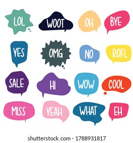 Bubble chat with phrases. Colorful speech bubbles with dialog words. Chat cloud online used for sticker, flyer, poster information. Vector illustration 