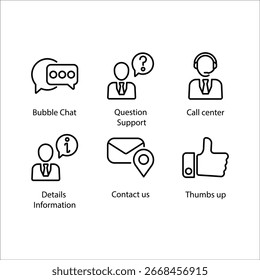 Bubble Chat, Suporte a Perguntas, Call center, Informações de Detalhes, Contacte-nos, Polegar para cima, ícone, ícone de Linha Set