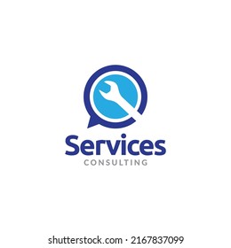 bubble chat talk with wrench logo design vector graphic symbol icon illustration creative idea