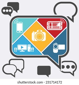 Bubble chatting infographic with icons mobile or cell phone, smartphone, contact set camera videocamera in flat design style