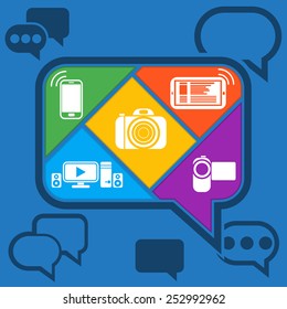 Bubble chatting infographic with icons mobile or cell phone, smartphone, contact set camera video camera in flat design style
