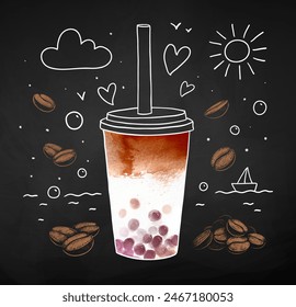 Bubble Coffee hand drawn vector illustration with coffee beans and line art doodles on chalkboard background