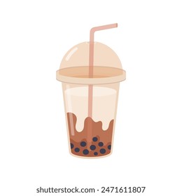 Bubble coffee, milk, tea isolated on white background. Plastic cup with drink and straw. Vector illustration.