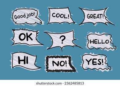 Bubble comic speech set stickers  design for any purposes Social network vector illustration blank in flat style chat symbol label tag dialog word Online chat clouds with different words comments Cute