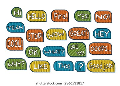 Bubble comic speech set stickers  design for any purposes Social network vector illustration blank in flat style chat symbol label tag dialog word Online chat clouds with different words comments Cute