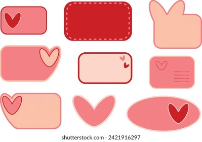 Bubble comic speech set stickers purposes Social network illustration blank flat chat symbol label tag dialog Online chat clouds comment Youth slang Copy space Empty frame Red pink hearts romantic