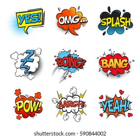 Bubble comic speeches for explanation. Onomatopoeia cartoon sounds explosion bang and fighting punch, smash and aaargh, pow, omg and sleep zzz in cloud. Comic book and expression theme