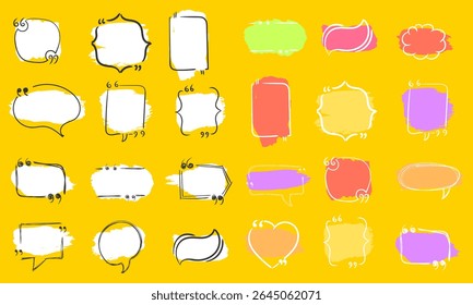 Bubble comment infographic with yellow cartoon symbols and quote motivation message tag reference idea note frame label box testimonial communication info education mention banner