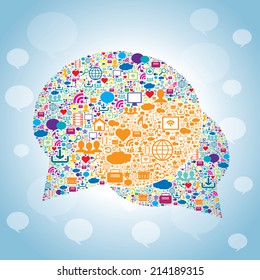 Bubble of communication with icons for technology and social media