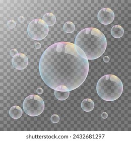 Bubble. Composition of soap bubbles in pastel colors of the rainbow. Vector illustration of bubbles on a transparent background.