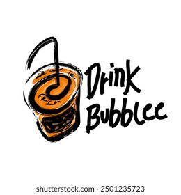 The bubble drink logo features a cup containing a brown beverage and tapioca pearls at the bottom. The cute and stylish font adds a modern and refreshing touch.