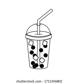 Bubble drink in a plastic transparent cup with a straw and ice doodle vector  