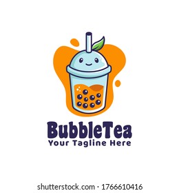 bubble drink tea logo with leaf illustration cartoon character style mascot logo