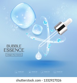 Bubble Essence Collagen and Vitamin Vector and Serum Background Template for Skin Care Cosmetic Product.