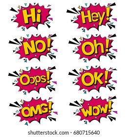 Bubble with expression text WOW/OK/NO/Hi/Hey/Oh/OMG/Oops. icons vector