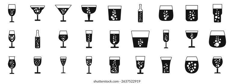  Bubble fizz icons set. Different types of glassware filled with sparkling drinks, showcasing the refreshing bubbles