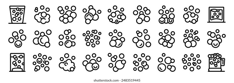 Bubble fizz icons set. Line icons representing bubbles floating in different configurations, evoking soap, soda, beer or champagne