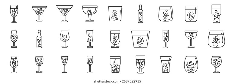  Bubble fizz icons set. Refreshing line icons depicting a variety of glassware filled with sparkling beverages