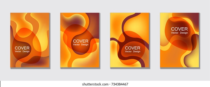 Bubble fluid gradient shapes minimal A4 design for scientific cover, educational chemistry poster set. Trendy fluid colors hipster cover page layout backgrounds vector set in orange, yellow, brown.