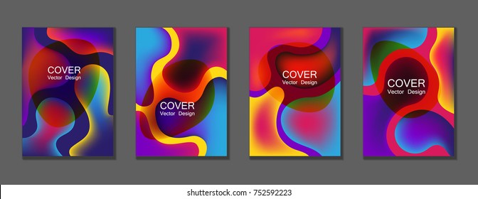 Bubble fluid gradient shapes trendy A4 design, scientific cover, educational chemistry poster. Hipster futuristic vectors. Fluid colors cover page layout background set in violet, blue, red, yellow.