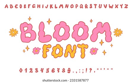 Bubble flux funky typeface abc. Hippie groovy Y2K font alphabet. Liquid Doodle alphabet.