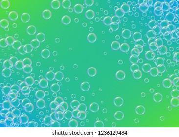 Bubble foam. Detergent and shampoo suds for bath. Soap. 3d vector illustration invite. Bright spray and splash. Realistic water frame and border. Green colorful liquid bubble foam.