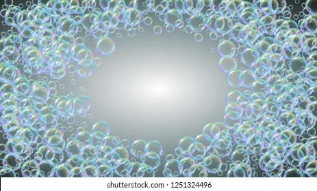 Bubble foam. Detergent and shampoo suds for bath. Soap. 3d vector illustration layout. Bright spray and splash. Realistic water frame and border. Grey colorful liquid bubble foam.