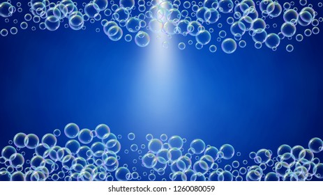 Bubble foam. Detergent and shampoo suds for bath. Soap. Bright spray and splash. Realistic water frame and border. 3d vector illustration flyer. Blue colorful liquid bubble foam.