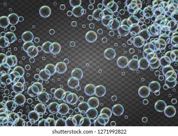 Bubble foam. Detergent and shampoo suds for bath. Soap. Vibrant spray and splash. Realistic water frame and border. 3d vector illustration template. Isolated colorful liquid bubble foam.
