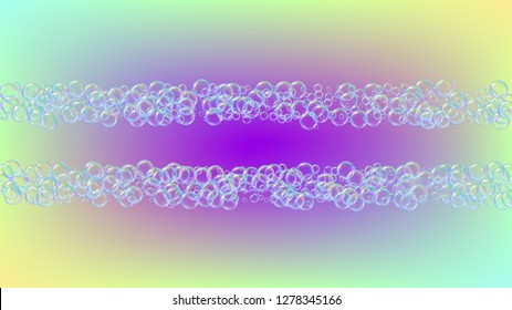 Bubble foam. Detergent and shampoo suds for bath. Soap. 3d vector illustration design. Vibrant spray and splash. Realistic water frame and border. Rainbow colorful liquid bubble foam.