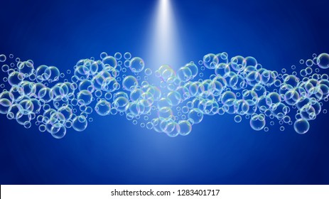 Bubble foam. Detergent and shampoo suds for bath. Soap. 3d vector illustration flyer. Vibrant spray and splash. Realistic water frame and border. Blue colorful liquid bubble foam.
