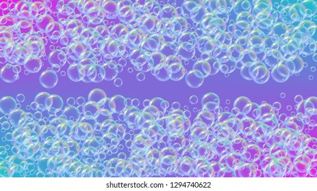 Bubble foam. Detergent and shampoo suds for bath. Soap. Multicolor spray and splash. Realistic water frame and border. 3d vector illustration concept. Purple colorful liquid bubble foam.