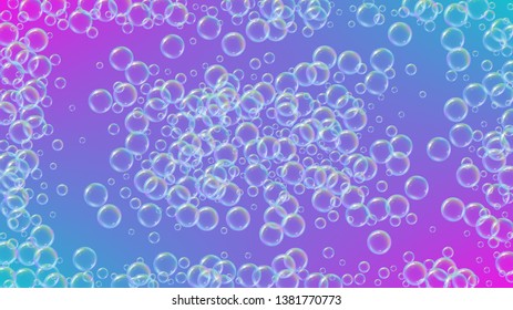Bubble foam. Detergent and shampoo suds for bath. Soap. 3d vector illustration banner. Minimal spray and splash. Realistic water frame and border. Purple colorful liquid bubble foam.