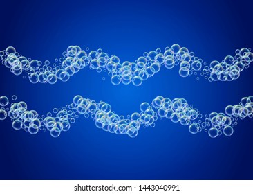 Bubble foam. Detergent and shampoo suds for bath. Soap. Multicolor spray and splash. Realistic water frame and border. 3d vector illustration invite. Blue colorful liquid bubble foam.