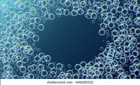 Bubble foam. Detergent and shampoo suds for bath. Soap. Vibrant spray and splash. Realistic water frame and border. 3d vector illustration flyer. Blue colorful liquid bubble foam.