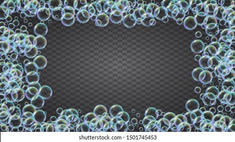 Bubble foam. Detergent and shampoo suds for bath. Soap. Stylish spray and splash. Realistic water frame and border. 3d vector illustration invite. Isolated colorful liquid bubble foam.