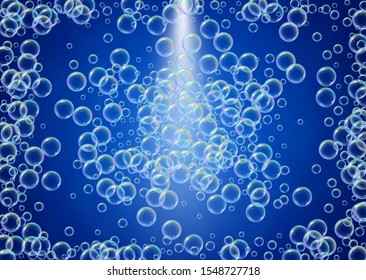 Bubble foam. Detergent and shampoo suds for bath. Soap. 3d vector illustration banner. Bright spray and splash. Realistic water frame and border. Blue colorful liquid bubble foam.